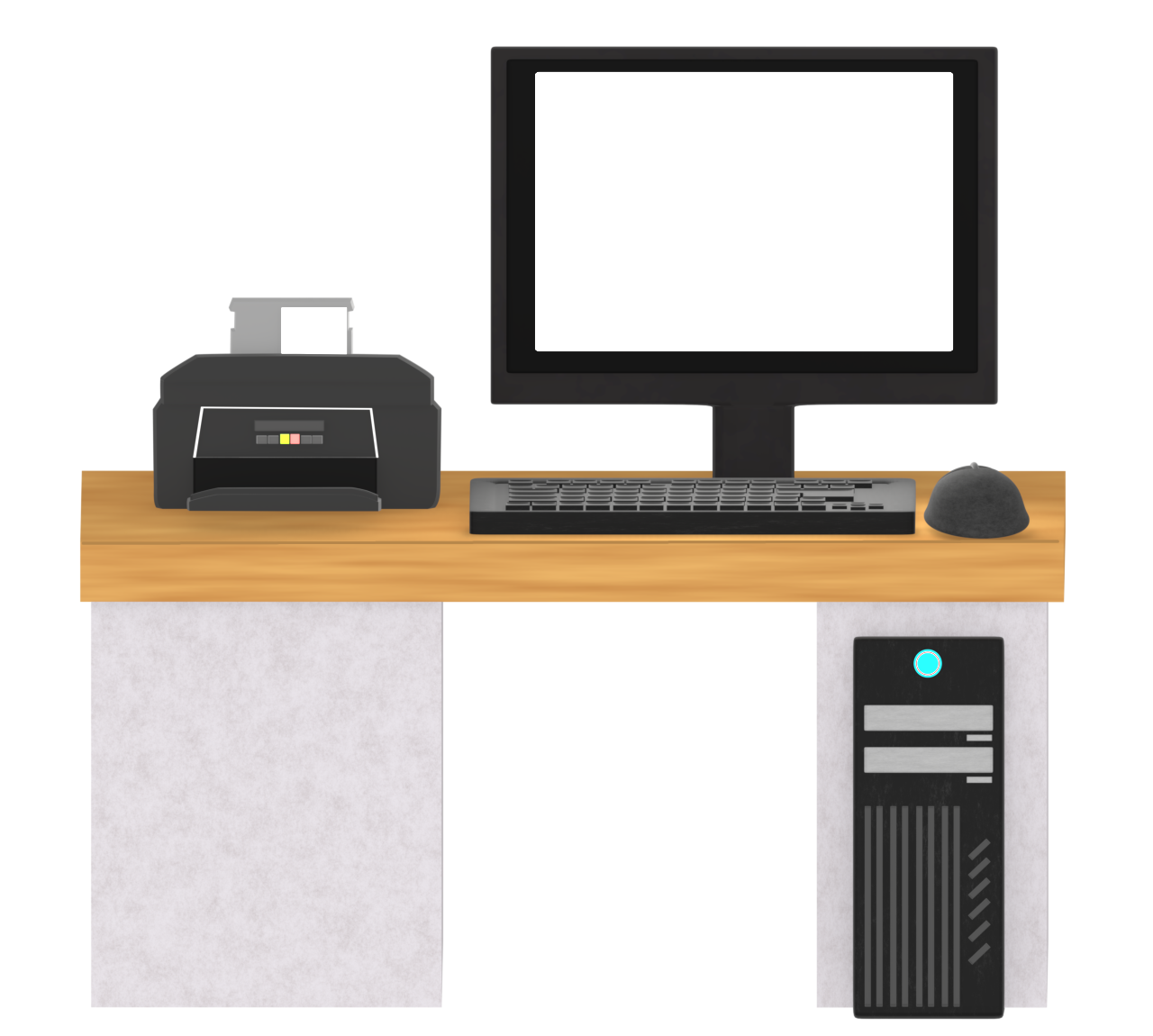 机の上のパソコンとプリンターのイラスト