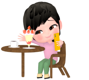 料理と自撮りをする女の子のイラスト