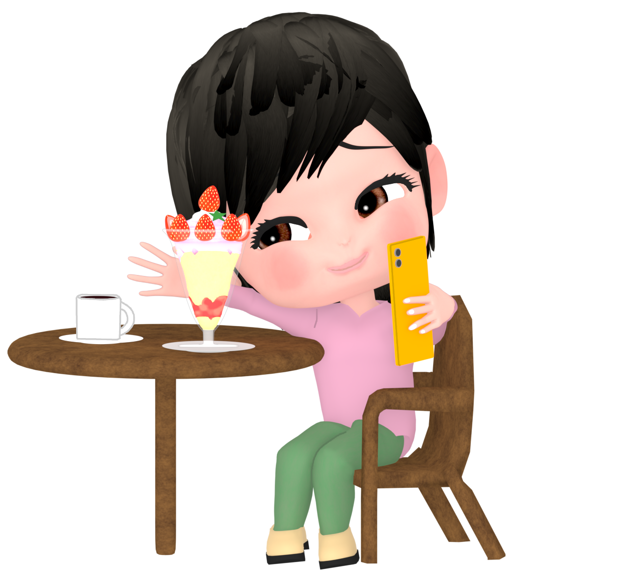 料理と自撮りをする女の子のイラスト