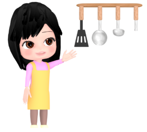 壁掛けの調理器具と女性のイラスト