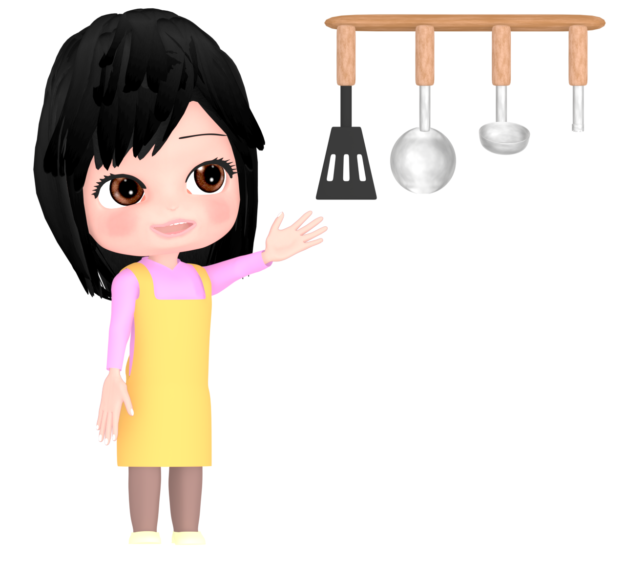 壁掛けの調理器具と女性のイラスト