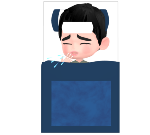 布団で咳をする男性のイラスト