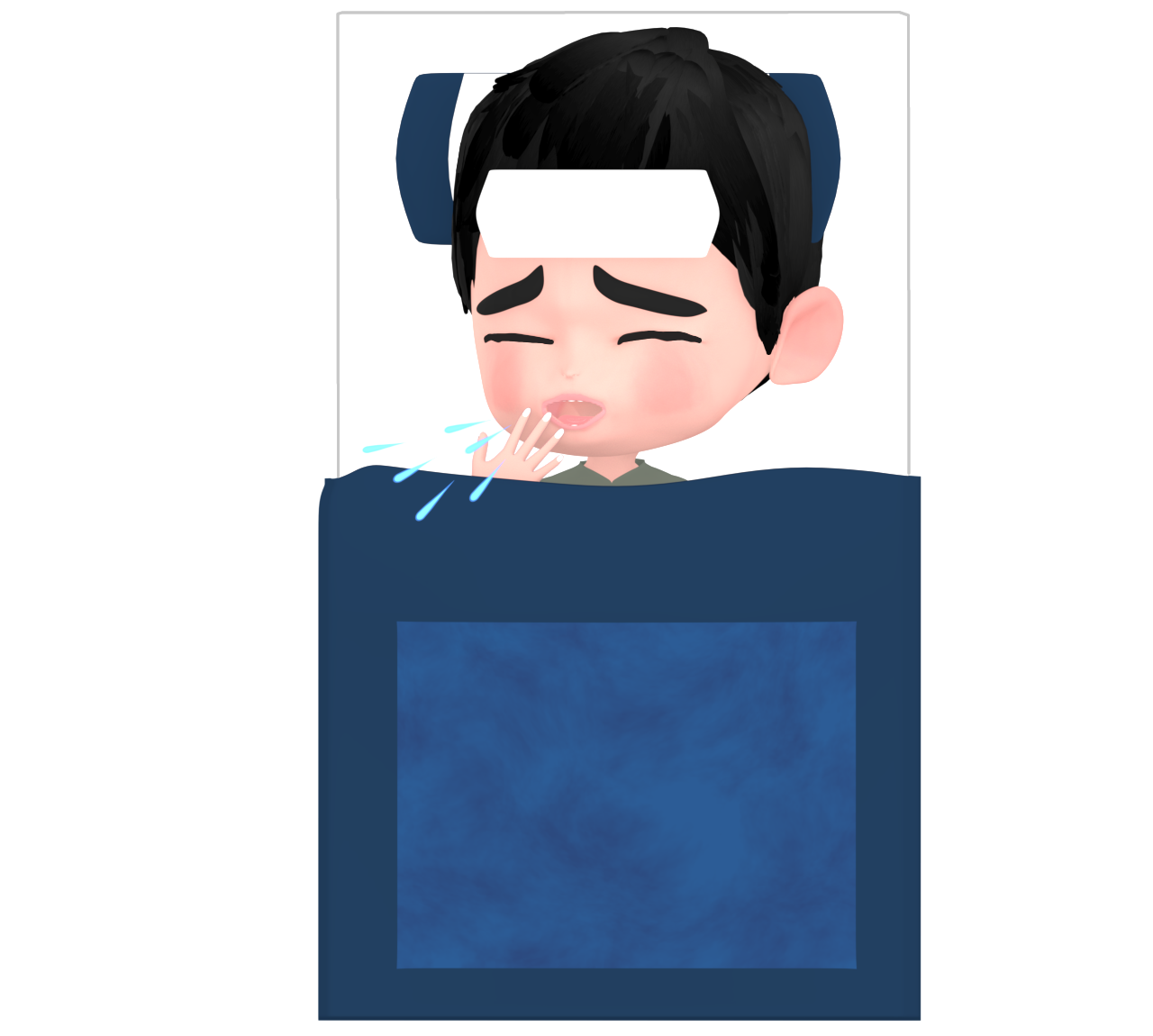 布団で咳をする男性のイラスト