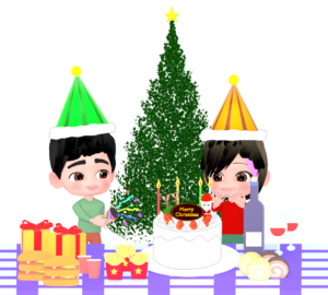 クラッカーでクリスマスパーティーをするイラスト