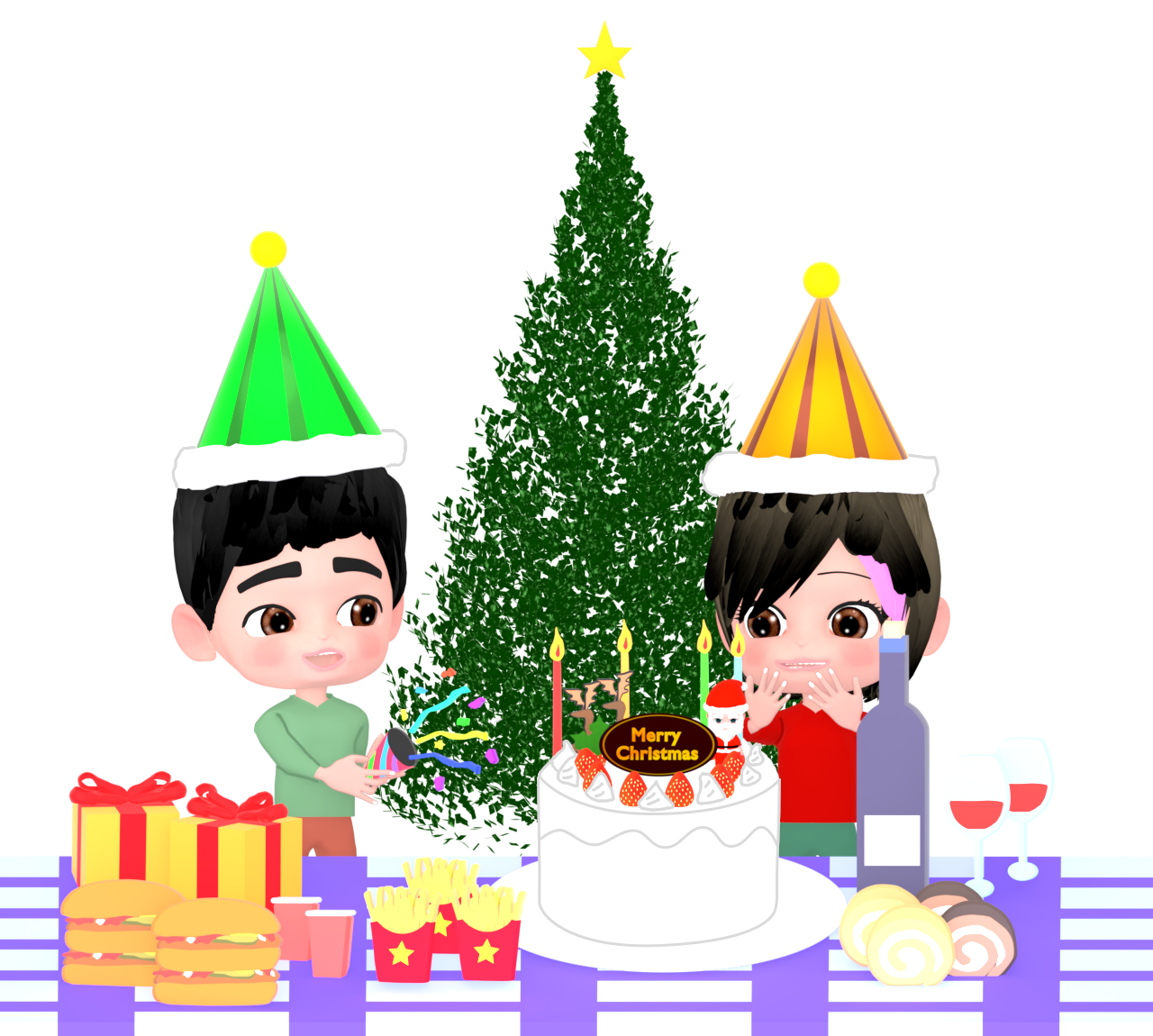 クラッカーでクリスマスパーティーをするイラスト