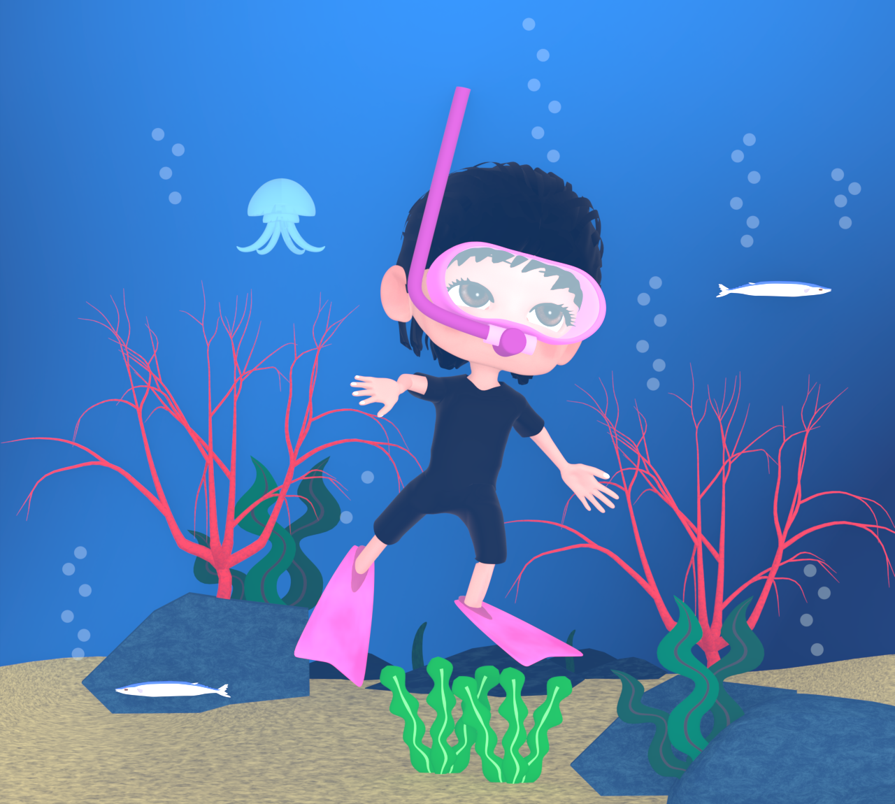 シュノーケリングをするかわいい女性のイラスト