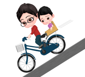 自転車で坂道を下るお父さんと子供のイラスト