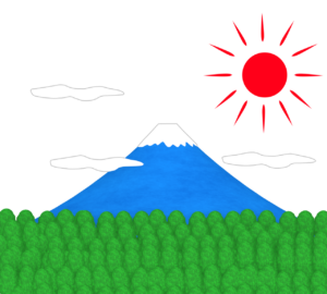 森の奥に見える富士山のイラスト