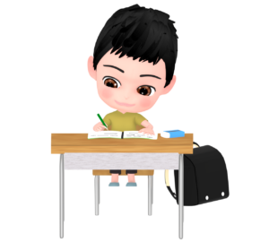 机で勉強をする男の子のイラスト