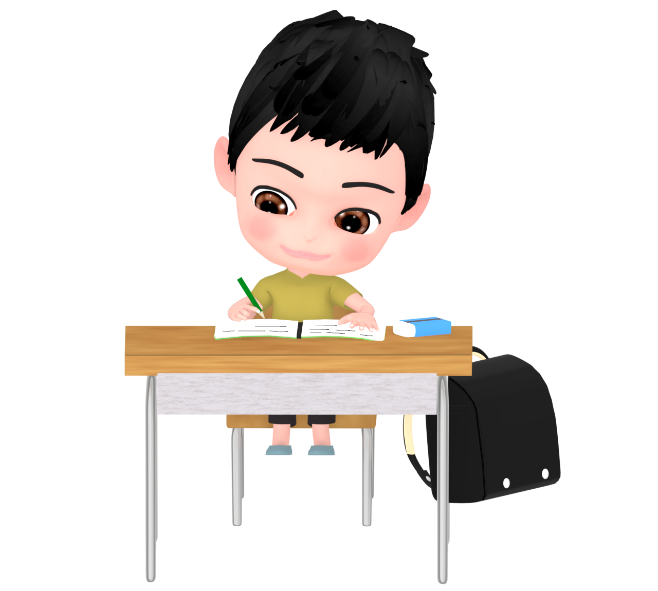 机で勉強をする男の子のイラスト