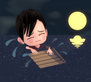 夜の海に投げ出された人のイラスト