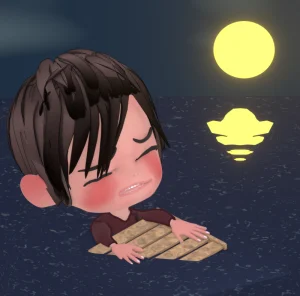 夜の海に投げ出された人のイラスト