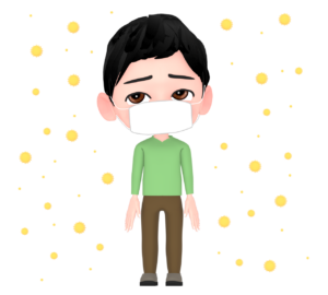 飛散をする花粉とマスクをつけた男性のイラスト