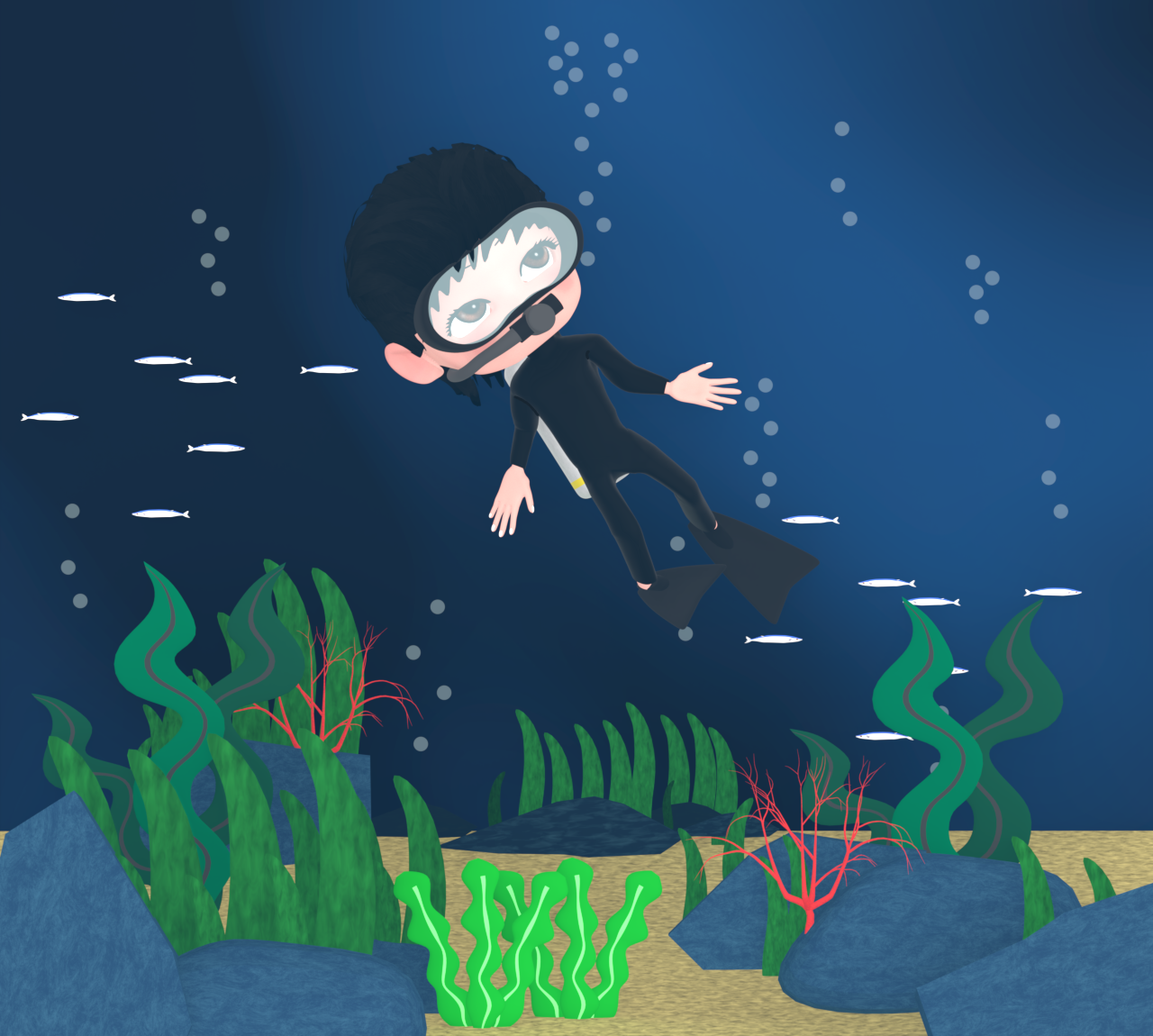 海に潜るスキューバーダイビングの女性のイラスト