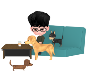 ドッグカフェで癒される男性のイラスト