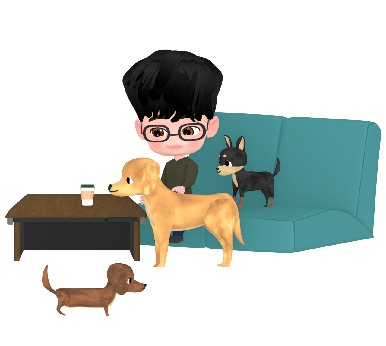 ドッグカフェで癒される男性のイラスト