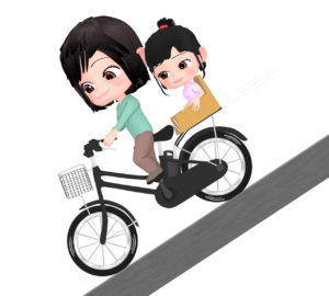 下り坂を電動アシスト自転車で走る親子のイラスト