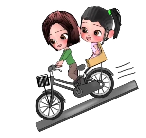 下り坂を電動アシスト自転車で走る親子のイラスト