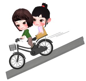 下り坂を電動アシスト自転車で走る親子のイラスト