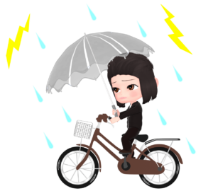 土砂降りに傘をさして自転車に乗る女性のイラスト