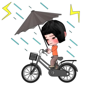 土砂降りに傘をさして自転車に乗る女性のイラスト