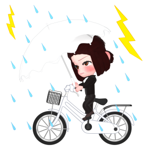 土砂降りに傘をさして自転車に乗る女性のイラスト