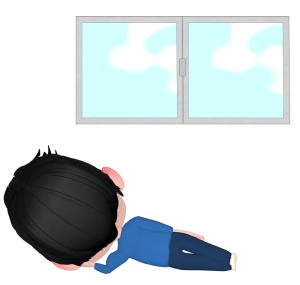 肘枕をして寝転ぶ男性の後ろ姿のイラスト