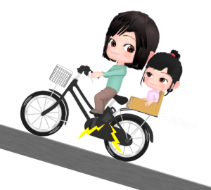 電動アシスト自転車で坂を上るお母さんと子どものイラスト