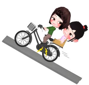 電動アシスト自転車で坂を上るお母さんと子どものイラスト