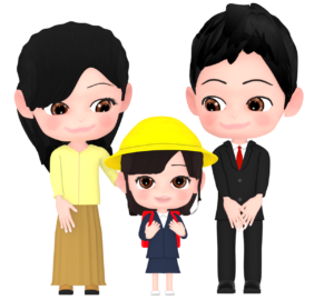小学校に入学をする女の子と家族のイラスト