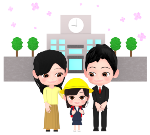 校門に立つ両親と子供の入学式のイラスト
