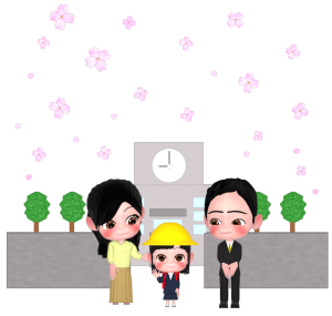 小学校の校舎と入学式のイラスト