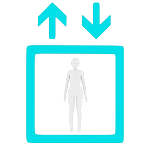 エレベーターに乗る3D人物モデルのイラスト