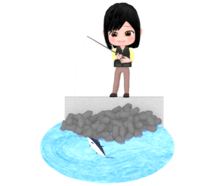 堤防で魚釣りをする女性のイラスト