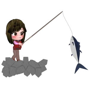 堤防で魚釣りをする女性のイラスト