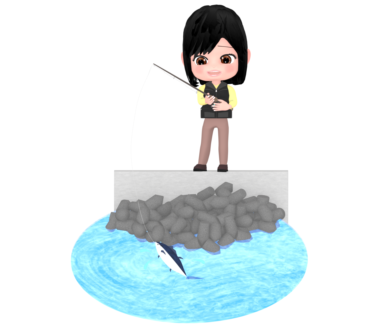 堤防で魚釣りをする女性のイラスト