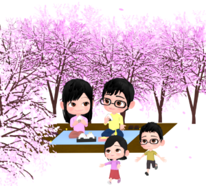 家族でお花見を楽しんでいるイラスト