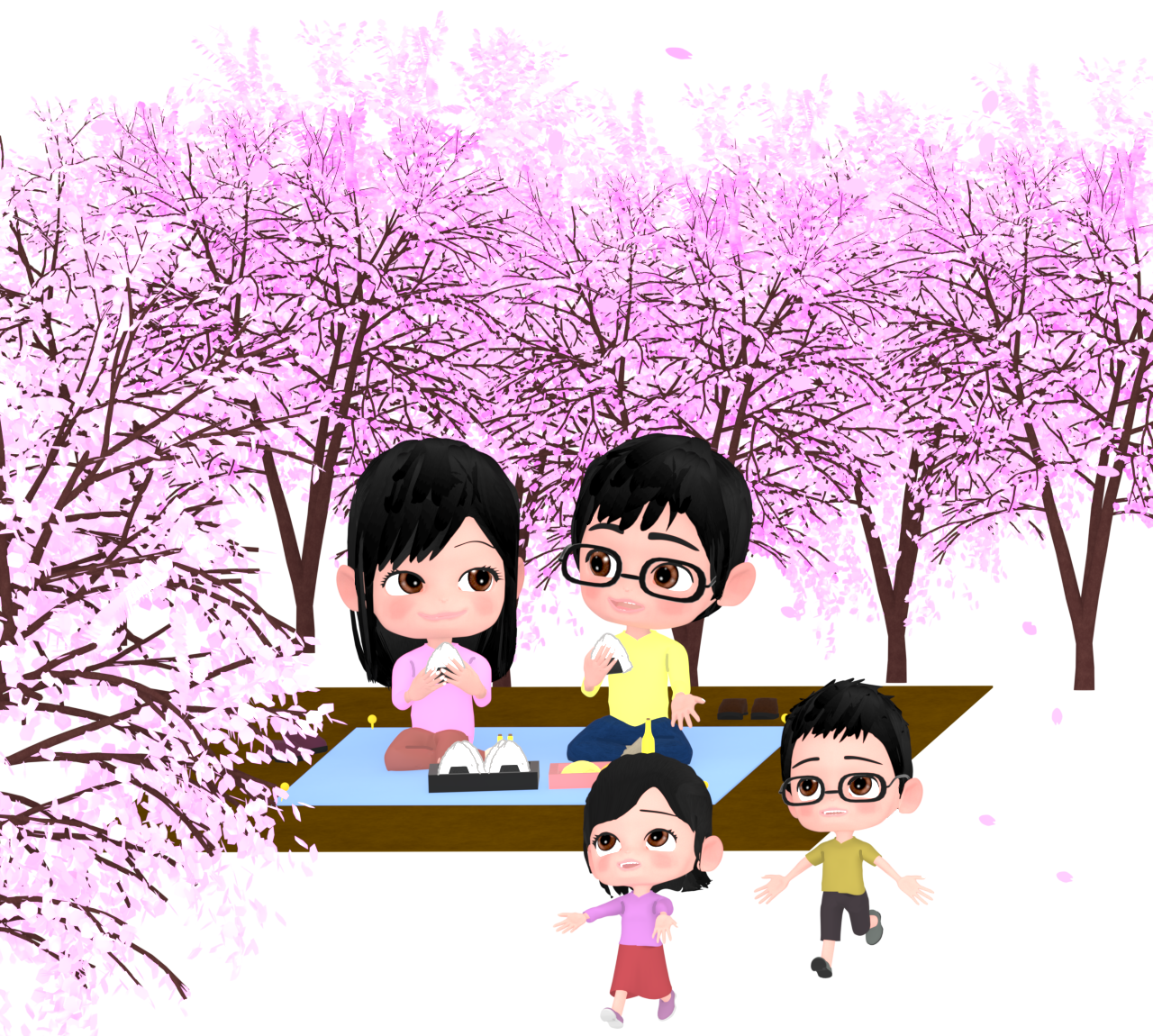 家族でお花見を楽しんでいるイラスト