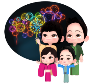 家族で花火を見るイラスト