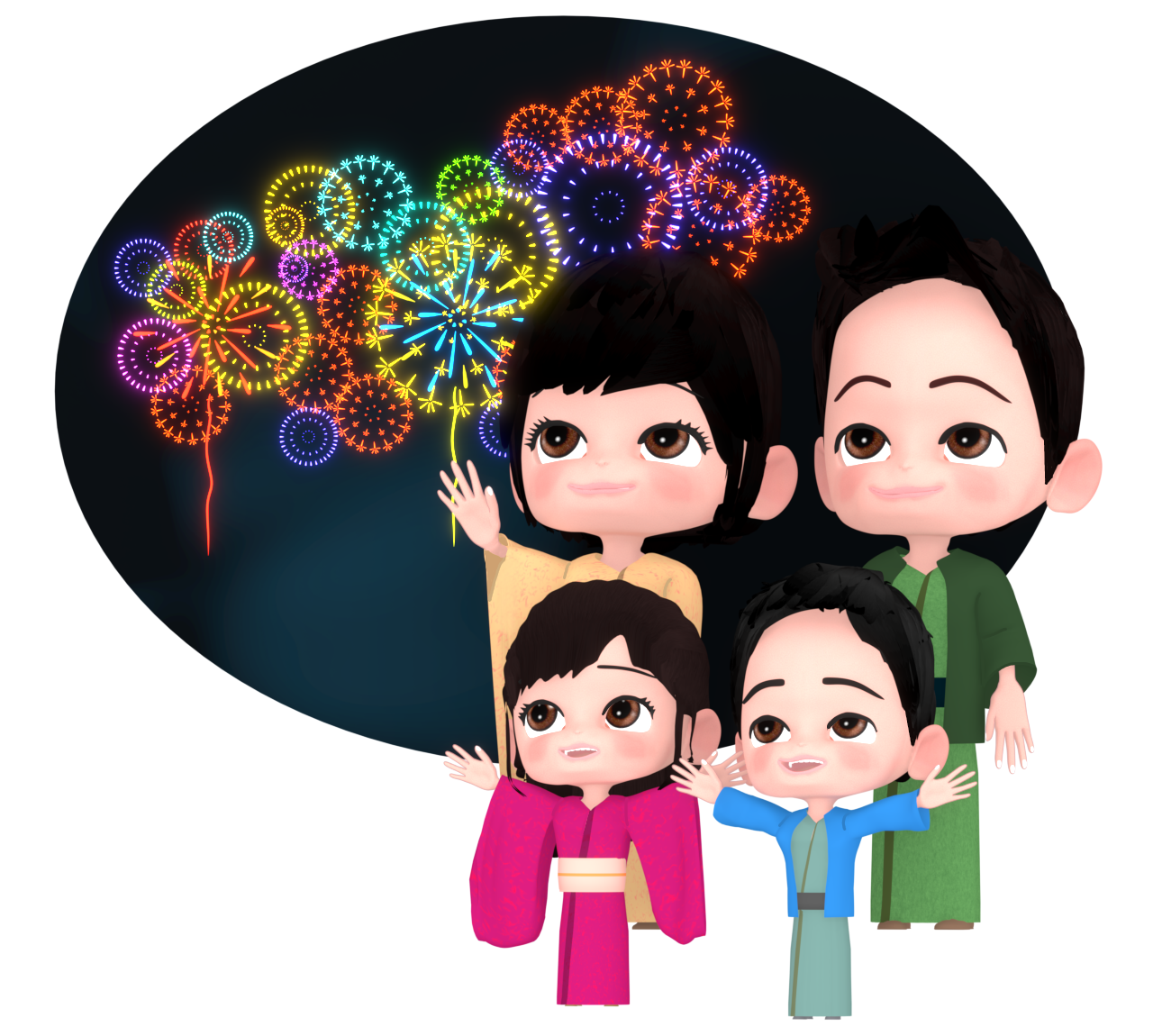 家族で花火を見るイラスト
