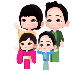 浴衣で空を見上げる家族のイラスト