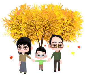 家族でもみじ狩りをするイラスト