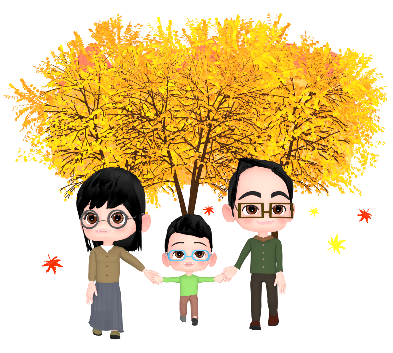 家族でもみじ狩りをするイラスト