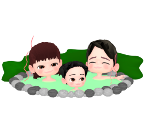 温泉に入る家族のイラスト