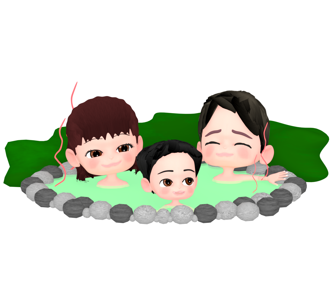 温泉に入る家族のイラスト