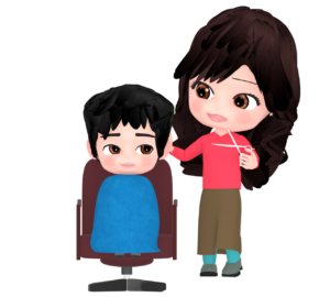 男の子の髪を切る女性美容師のイラスト