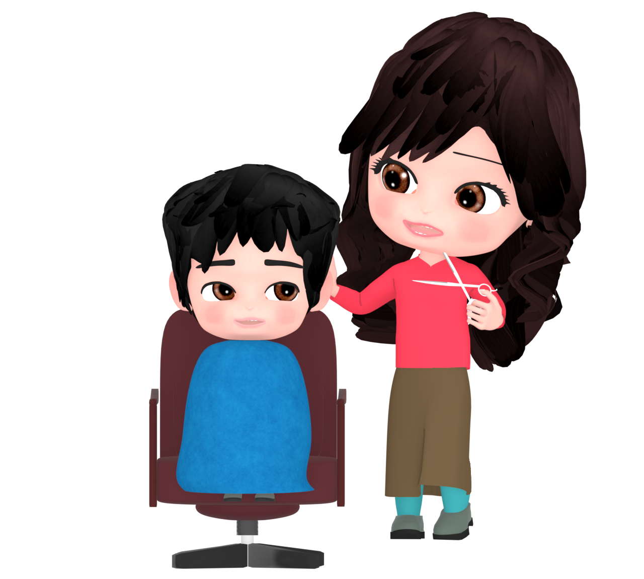 男の子の髪を切る女性美容師のイラスト