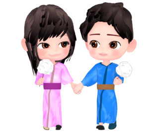 お祭りで綿菓子を食べるイラスト