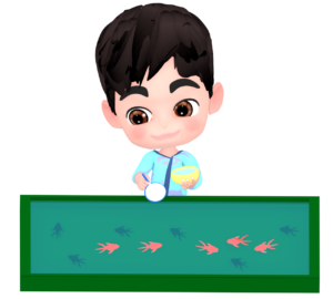 お祭りで金魚すくいをする男の子のイラスト