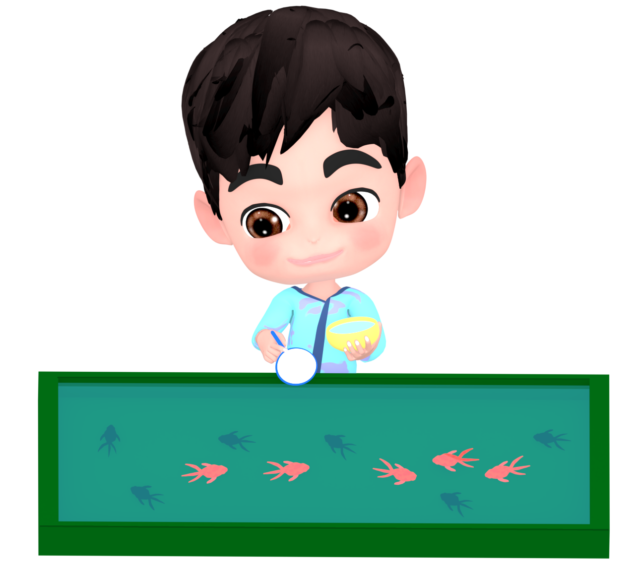 お祭りで金魚すくいをする男の子のイラスト